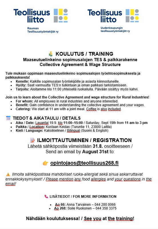 KOULUTUS: Maaseutuelinkeino sopimusalojen TES & palkkarakenne